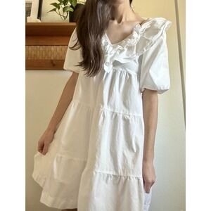 Sixxta Fuerte V Neck Puff Sleeve Ruffled White Tiered Dress Medium Columbia